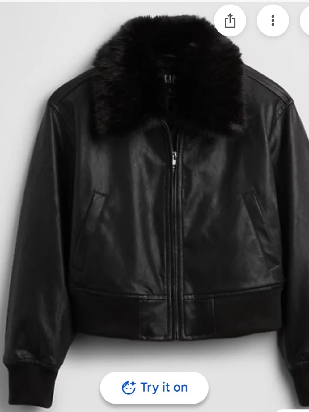 GAP Black Leather Bomber Jacket with Faux Fur Collar